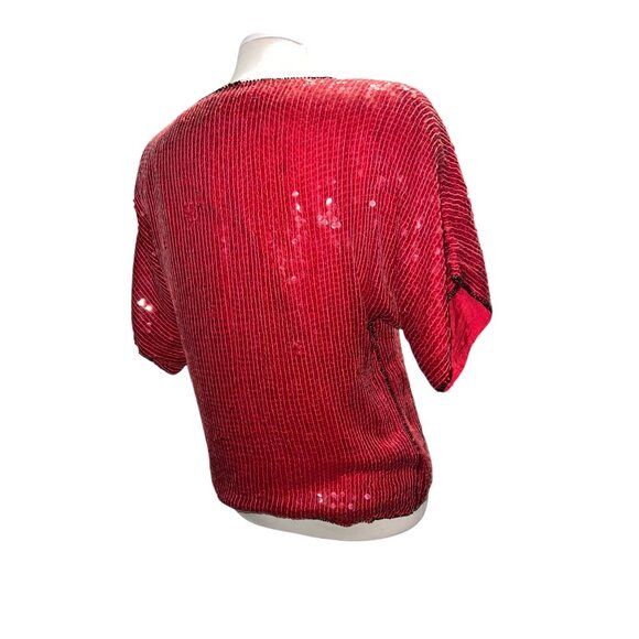 Vintage Jean For Le Bon Red Sequin Beaded Top Medium Pure Silk Short Sleeve Wome - Picture 2 of 11